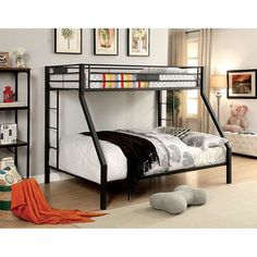 a black bunk bed sitting in a bedroom next to a white rug and book shelf