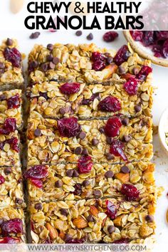 chewy and healthy granola bars with cranberries on top