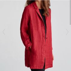 New With Tags. Casual Red Outerwear With Lapel Collar, Classic Red Long Sleeve Outerwear, Linen Outerwear For Work, Red Long Sleeve Workwear Outerwear, Red Long Sleeve Blazer, Stand Collar Jackets, Linen Jacket, Black Vest, Double Breasted Jacket