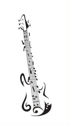 a black and white drawing of a guitar with musical notes on it's neck