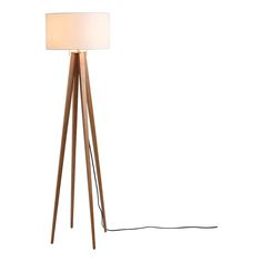 a wooden tripod floor lamp with a white shade on the top and a black cord attached to it