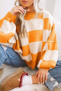 The802Gypsy  Sweaters & Cardigans/Sweaters Orange / S / 100%Acrylic TRAVELING GYPSY-Checkered Bishop Sleeve Sweater Pull Orange, Khaki Sweater, Pull Rose, Oversize Pullover, Plaid Sleeve, Puff Sleeve Sweater, Bishop Sleeve, Plaid Design, Checkered Pattern