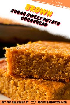 two pieces of brown sugar sweet potato cake on a plate with the title above it