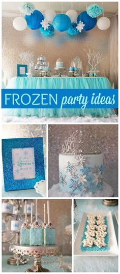 frozen birthday party with blue and white decorations, snowflakes, cookies, and desserts