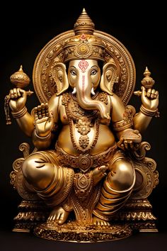 an elephant statue sitting on top of a black table next to a dark background with gold paint