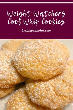 a pile of powdered sugar cookies sitting on top of a white plate with the words weight watchers cool whip cookies