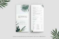 the front and back side of a brochure with palm leaves on it