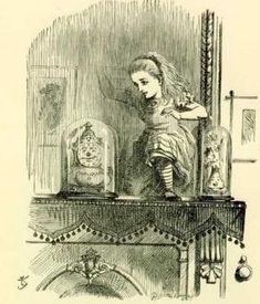 an old drawing of a woman standing in front of a fireplace with candles on it