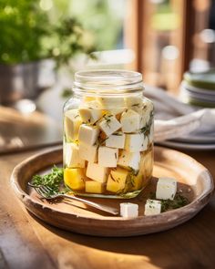 a jar filled with food sitting on top of a wooden table