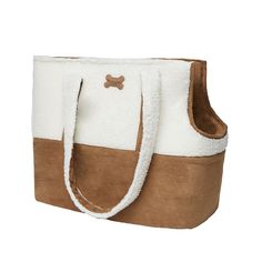 a brown and white bag with a dog bone on the front is sitting in front of a white background