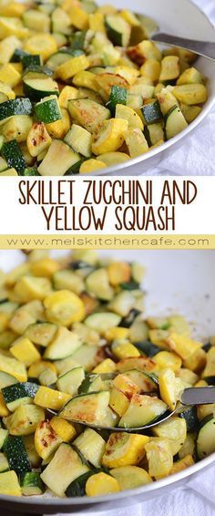 two pictures showing how to make skillet zucchini and yellow squash from scratch