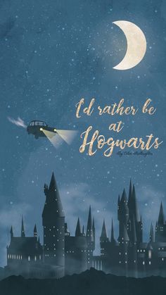 a hogwart's castle with a car flying over it and the moon in the sky