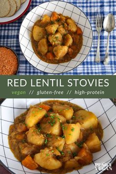 red lentil stew with potatoes and carrots in a white bowl on a blue checkered tablecloth