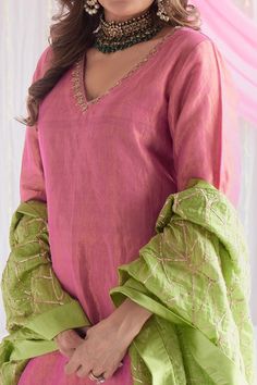 Shorshe Clothing, Tissue Sharara, Pink Kurta, Simple Kurti Designs, Marigold Yellow, Kurti Designs Latest, Kurti Embroidery Design, Cotton Kurti Designs, Traditional Indian Outfits