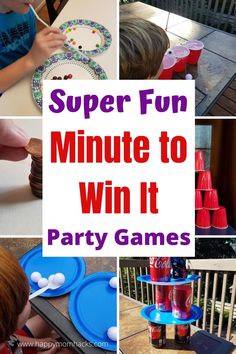 a collage of pictures with the words super fun minute to win it party games