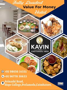 an advertisement for kavn hotel with pictures of different food items and the words, fully loaded value for money hotel