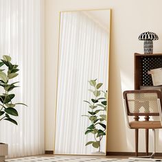 a mirror sitting next to a potted plant on top of a table