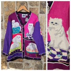 Calling All Cat Lovers-This One's For You! Nwt; From A Smoke-Free Home! Approx Flat Lay Measurements Are: 27.5" Long From Top Of Shoulder, 25.25" Armpit To Armpit Vintage Purple Cardigan For Winter, Vintage Purple Winter Cardigan, Purple Vintage Winter Cardigan, Fitted Purple Knitted Cardigan, Cat Cardigan, Knits Sweaters, Ivory Cardigan, Crochet Cardigan Sweater, Embellished Cardigan