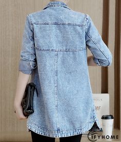 Denim Casual Shawl Collar Jacket Denim Jacket Embroidery, Long Jackets For Women, Long Denim Jacket, Embroidery Denim, Womens Basic Tops, Looks Jeans, Denim Jacket Fashion, Pullover Mode, Jean Jacket Women