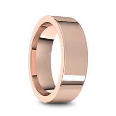 an 18k rose gold wedding ring with a flat surface and rounded edges, on a white background