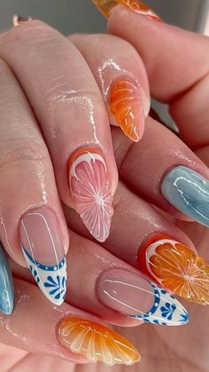 Orange Seashell Nails, Tropical Nail Ideas Summer, Seashell French Tip Nails, Girly Summer Nails, Nail Art Designs Summer 2024, Costa Rica Nails, Coconut Nails, Puerto Rico Nails, Unique Summer Nails