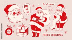 santa claus and other christmas related items on a pink background with the words merry christmas written below