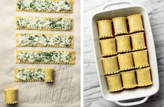 two pictures one with ravioli and the other with spinach on top in baking pans