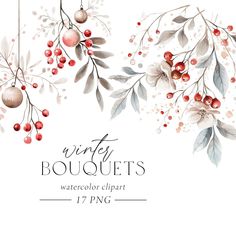 watercolor floral clipart with red berries and green leaves on white background for winter bouquets