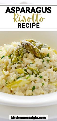 asparagus risotto with rice in a white bowl