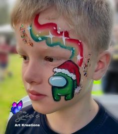 Boys Christmas Face Paint, Xmas Face Painting, Christmas Face Painting For Kids, Flash Face Paint, Grinch Face Paint, Batman Face Paint, Kids Halloween Face, Face Painting Halloween Kids