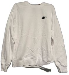 White Nike Crew Top, Nike Casual Crew Sweatshirt, Nike White Crew Top, Casual Nike Cotton Sweater, Nike White Sweatshirt With Letter Print, Basic White Crew Neck Sweater, White Casual Sweater, Spring Nike Crew Neck Sweatshirt, White Crew Neck Top With Ribbed Cuffs