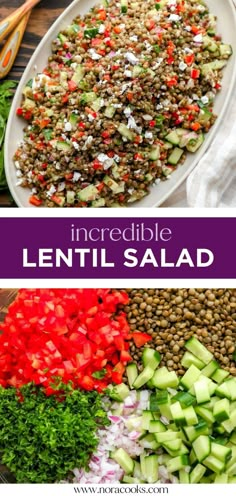 the ingredients for lentil salad are shown in three separate pictures, including cucumber,