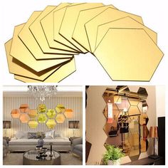 a collage of photos with different lighting fixtures and furniture in the same room, including a chandelier that has been designed to look like honeycombs