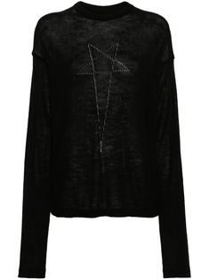 black virgin wool fine knit semi-sheer construction ribbed crew neck drop shoulder long sleeves jacquard pentagram motif ribbed cuffs and hem Fine Knit Sweater, Latest Sweater, Yoko London, City Dress, Cap Sleeve Top, Summer Beach Wear, Pink Sweater, Rick Owens, Knitwear Women