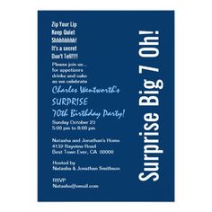 a blue and white birthday party card with the words surprise written in black on it