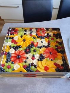 a platter filled with lots of fruit on top of a table