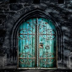 an old church door with intricate iron work on the front and sides, in green