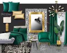 a bedroom with green and gold decor, including a bed, chair, mirror, lamp, rugs and pillows