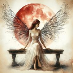 a woman sitting on top of a bench next to a red moon and flying wings