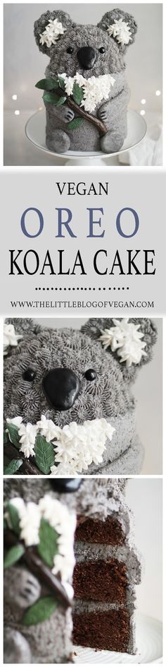 there is a cake with flowers on it and the words vegan oreo koala cake