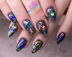 Gothic Glitter Nails, Kaleidoscope Nails, Space Nails Galaxy, Stardust Nails, Duo Nails, Space Nail Art, Star Ideas, Nails Star, Almond Acrylic Nails Designs