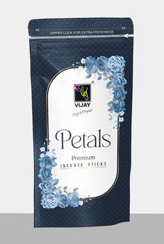 a bag of petal's incense sticks with blue flowers on the front and side