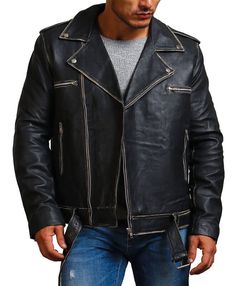 Black Genuine Leather Motorcycle Jacket Adorn one of AlexGear’s finest looks with a men's black motorcycle jacket. Exuding edgy sophistication, this biker jacket grabs attention due to the distressed outlining around the zipper, pockets, hem, belt, and collar for a rugged yet graceful look. Boasting durability and sustainability for long-term stress-free use, this black jacket is crafted with genuine leather, showcasing the quality craftsmanship of our skilled designers. The interior encompasses a soft viscose lining, ensuring the breathability and comfort of the wearer as they adorn this jacket for all their special events. Equipped with an asymmetrical zipper closure, it not only offers functionality, allowing a smooth fastening experience, but also pays tribute to the classic motorcycle Distressed Black Punk Outerwear, Black Distressed Punk Outerwear, Black Punk Leather Jacket With Zipper, Punk Biker Jacket With Zip Fly For Biker Events, Distressed Moto Style Outerwear, Punk Biker Jacket With Zipper Closure, Black Rocker Biker Jacket With Long Sleeves, Distressed Biker Outerwear For Streetwear, Edgy Distressed Biker Jacket For Winter