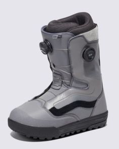 the snowboard boots are grey and black