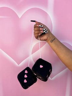 Our super popular, custom black fuzzy dice are now available with pink embroidered hearts! Cruise down the highway with these cuties in your rear-view mirror or decorate your space with em’! - 3" x 3" Dream Car Decor, Dash Decor Car, Black And Pink Car Interior, Pink And Black Car Interior, Kuromi Car Accessories, Pink Stuff Girly, Black Car Decor, Pink Fuzzy Dice, Dice For Car