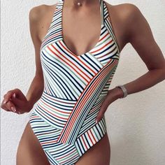 Never Been Worn Halter Top Swimsuit, Size Small. Striped Stretch Halter Neck Swimwear, Stretch One-piece Halter Top For Pool, One-piece Halter Top For Swimming, 4-way Stretch Halter Neck Swimwear For Swimming, One-piece Halter Top For Beachwear, Womens Halter Tops, Halter One Piece Swimsuit, Bra Types, One Piece For Women