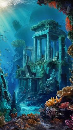 an underwater scene with ruins and corals