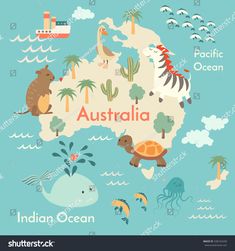 australia map with animals and sea creatures