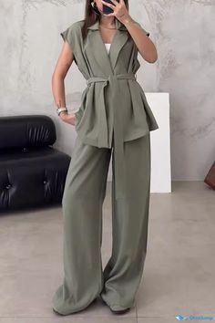 OrcaJump - Two-Piece Sleeveless Ensemble with Casual British Style and Solid Frenulum Turn-back Collar Large Pants Outfit, Summer Streetwear Women, Female Suit, Large Pants, Wide Leg Pant Suit, Mid Waist Pants, Sleeveless Suit, Two Piece Pants Set, Woman Suit Fashion