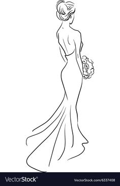 a woman in a long dress with a bouquet of flowers on her hand line drawing